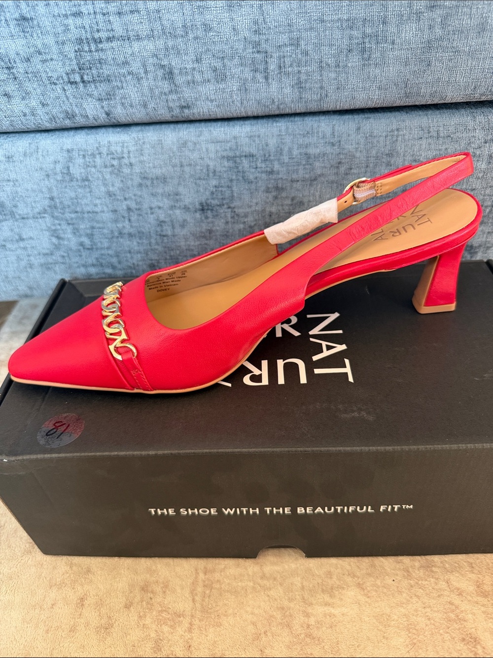 Naturalizer Dovey Bright Red Pointed Toe Slingback Pump with Gold Chain Accent